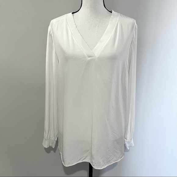 Lafayette 148 Wyatt Knit Trim Matte Silk Blouse In Cloud White Size Larg… - Picture 3 of 11